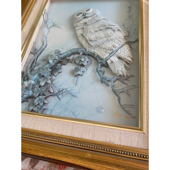 Handmade Vtg 3D Owl Framed Paper Art Work TC Chiu‎ , Genny 88 gold Frame - Picture 1 of 10
